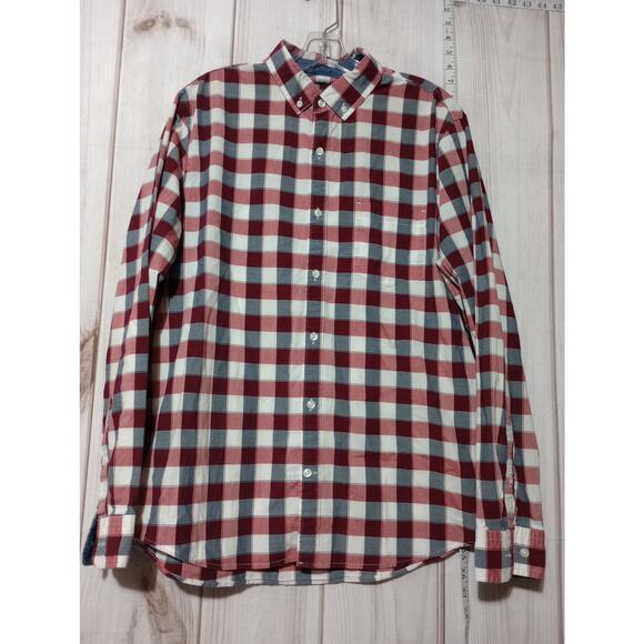 Express Shirt Mens Large Red White Gray Plaid Button Down Slim Fit Soft Wash - Picture 1 of 9